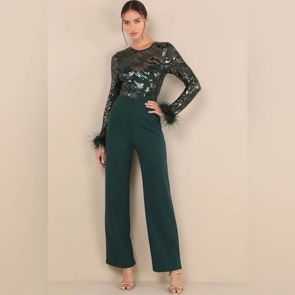 Lulus limitless radiance green sequin feather long sleeve jumpsuit sz S nwot - Picture 1 of 4